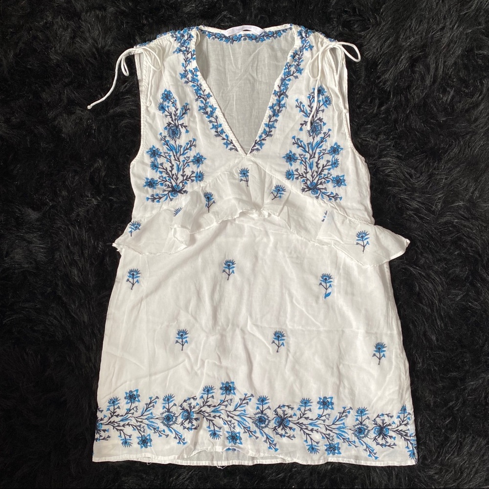 ZARA White Dress with Blue Embroidery